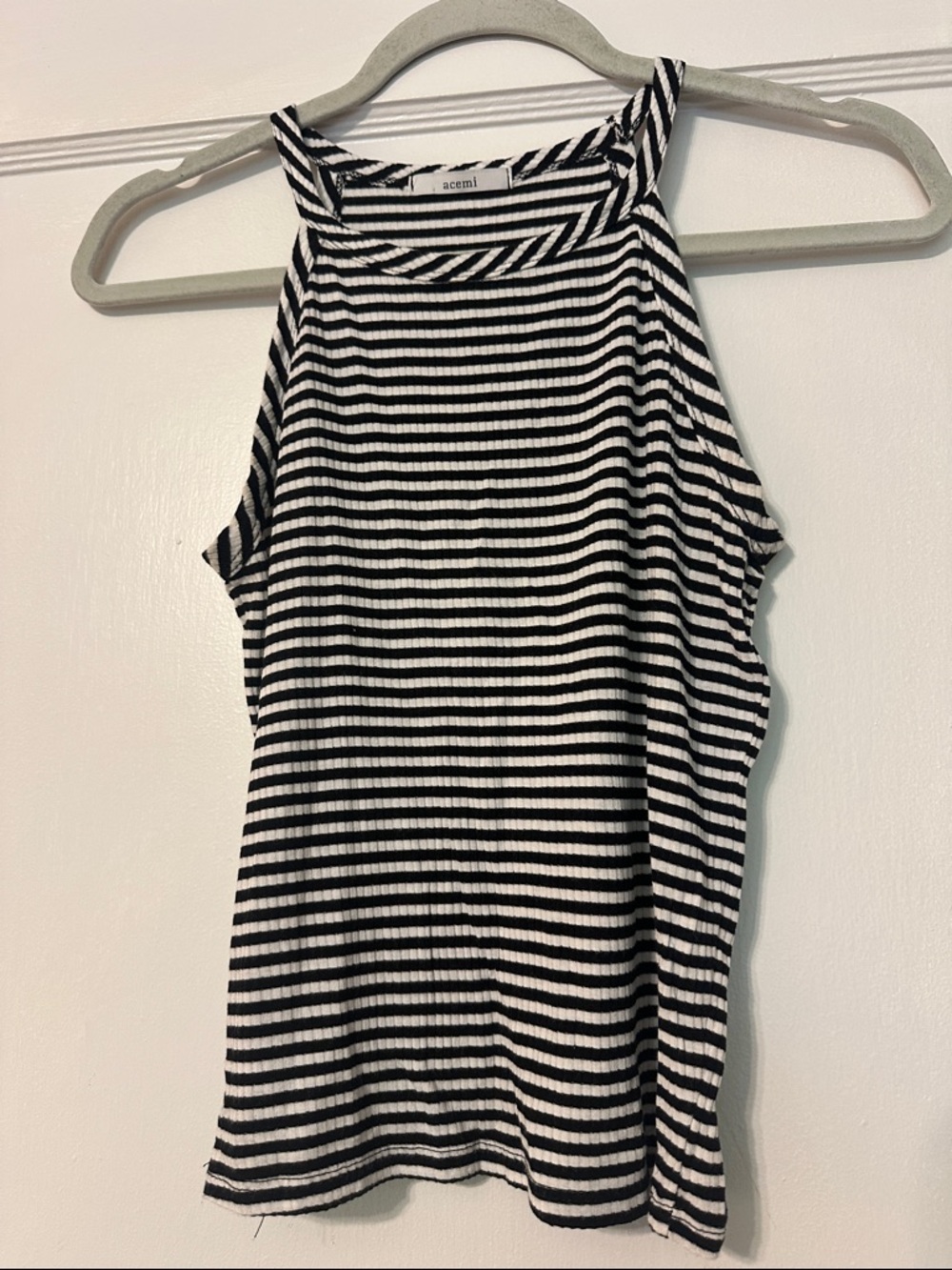 Acemi Black & White Striped High Neck Ribbed Tank Top